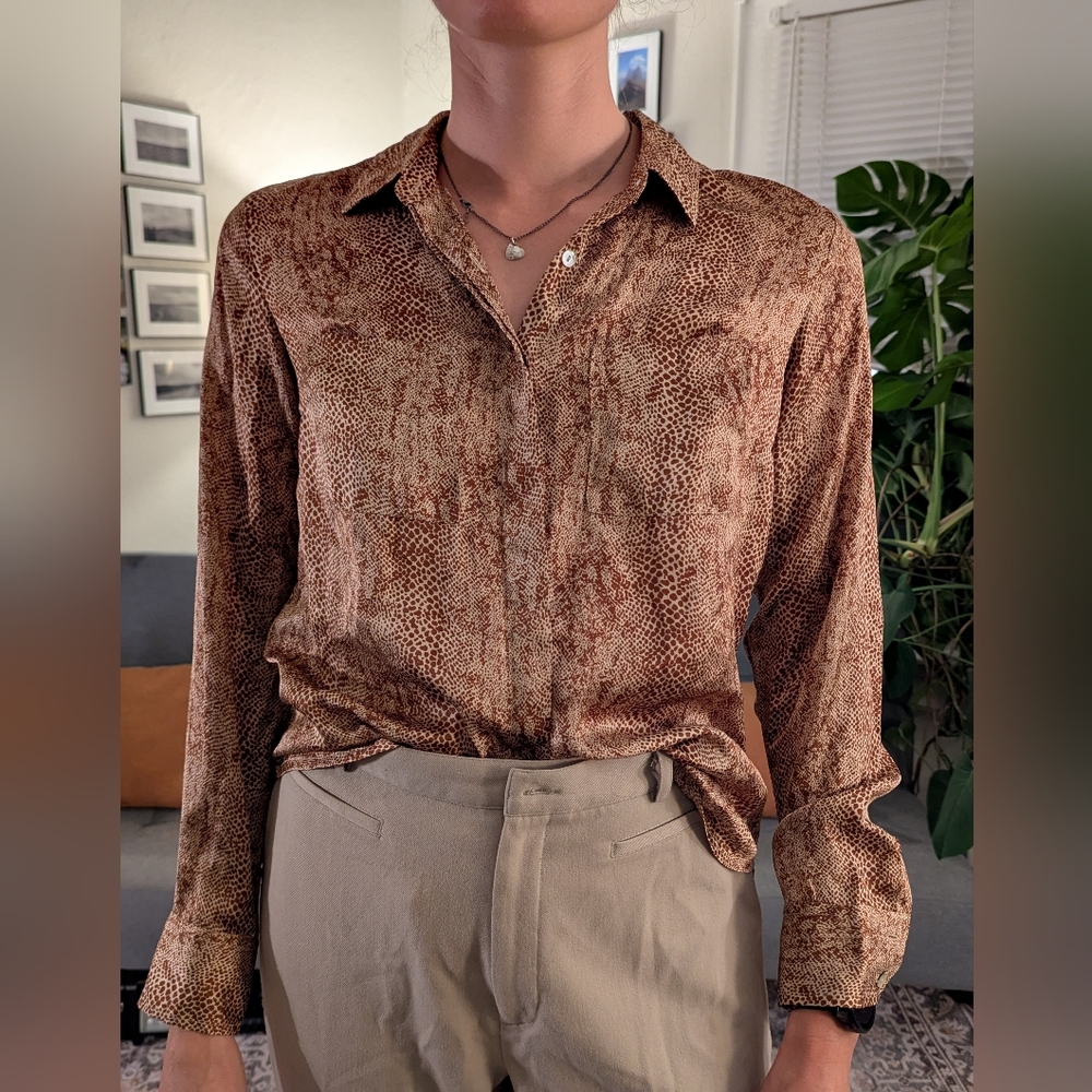 a new day Women's s Tan Patterned Button Down Shirt